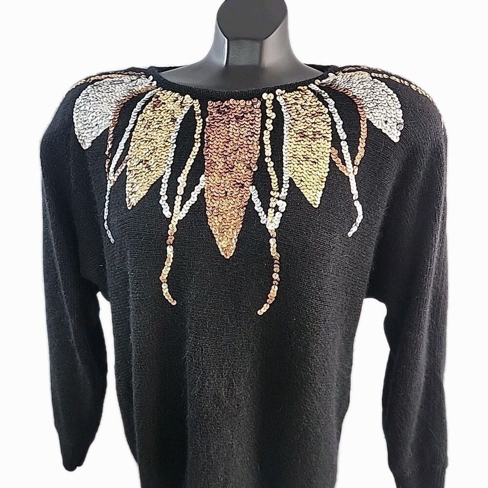 Diana Marco Sweater Black Silk Angora Blend Metallic Sequin Women Sz 40 20W VTG